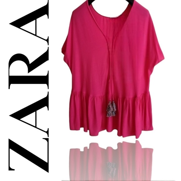 New  Zara Trafaluc Collection Hot Pink Ruffle Hem top - Picture 2 of 2